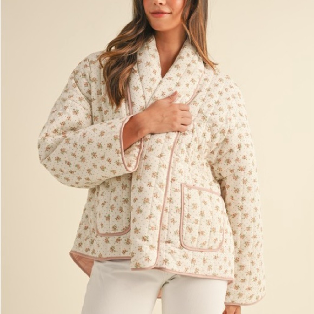 Premium Cream/Pink Quilted Floral Printed Quilted Open Jacket